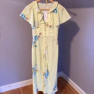NWT Pastel Yellow Floral Midi Dress w/ Corset Detail + Ruffle